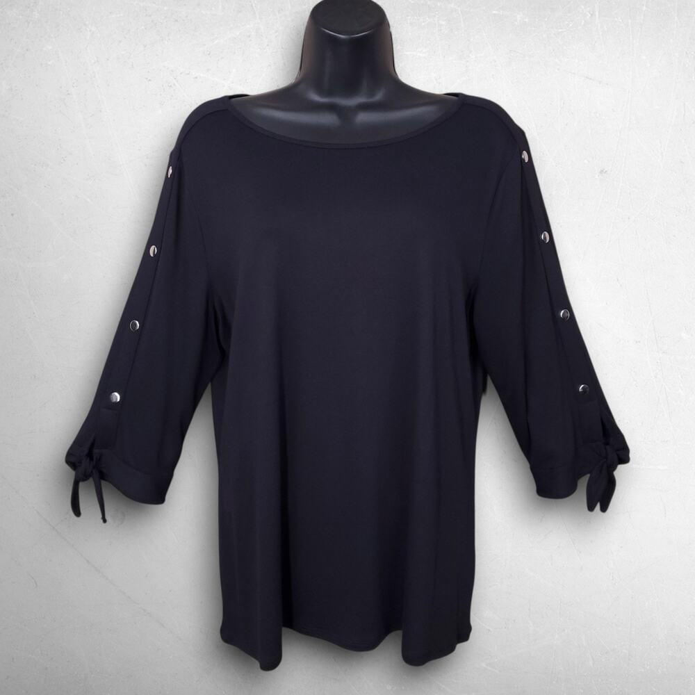 Apt 9 3/4 Tie Sleeve Blouse Top Women L Black Round Neck Silver Buttons